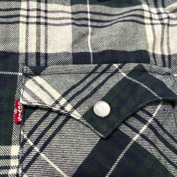 Vtg Levis Shirt Mens L Black Gray Plaid Western Pearl Snap Flannel Standard Fit - Picture 3 of 12